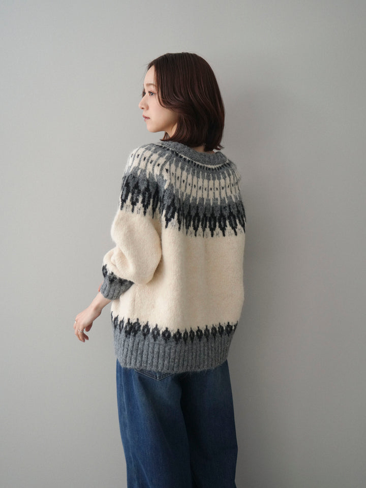 [SET]トグルボタン求心柄ニットカーディガン+裏起毛裾フリンジワイドデニムパンツ(2set)