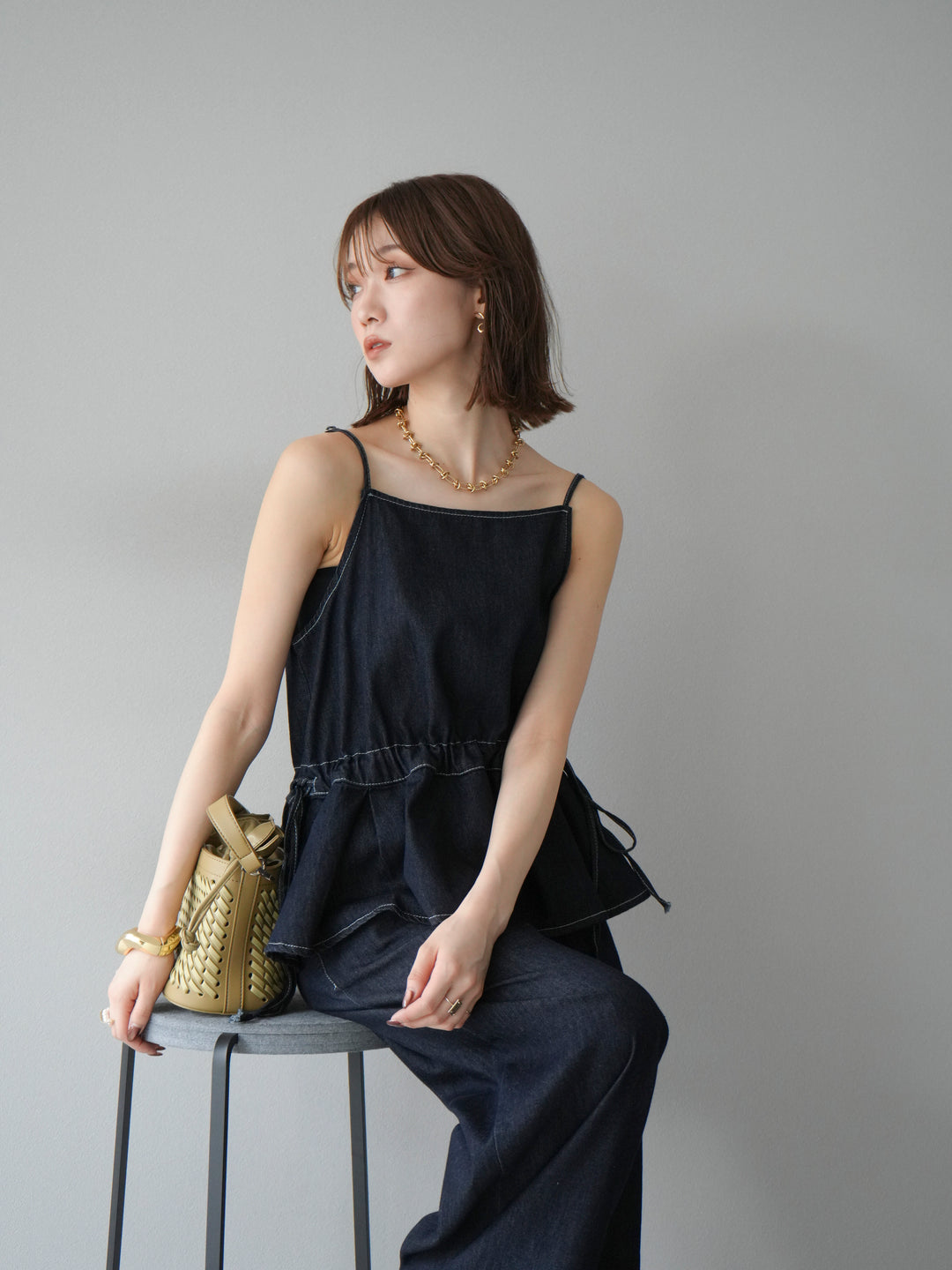 [SET]デニムタックフレアキャミソール＆イージーワイドパンツSET UP(2set)