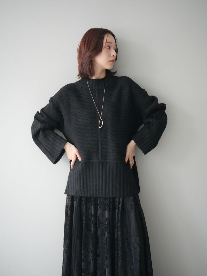 [SET]編み地切替ボトルネックニットプルオーバー+アンティーク柄フロッキーマキシスカート(2set)