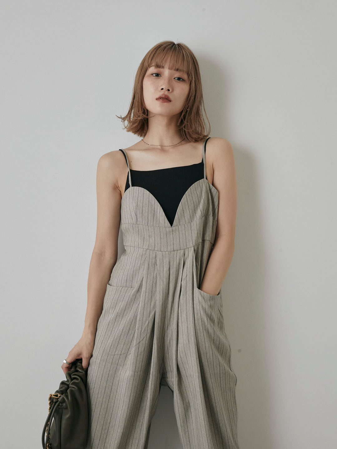 【預購】人字紋條紋工裝褲/米白色