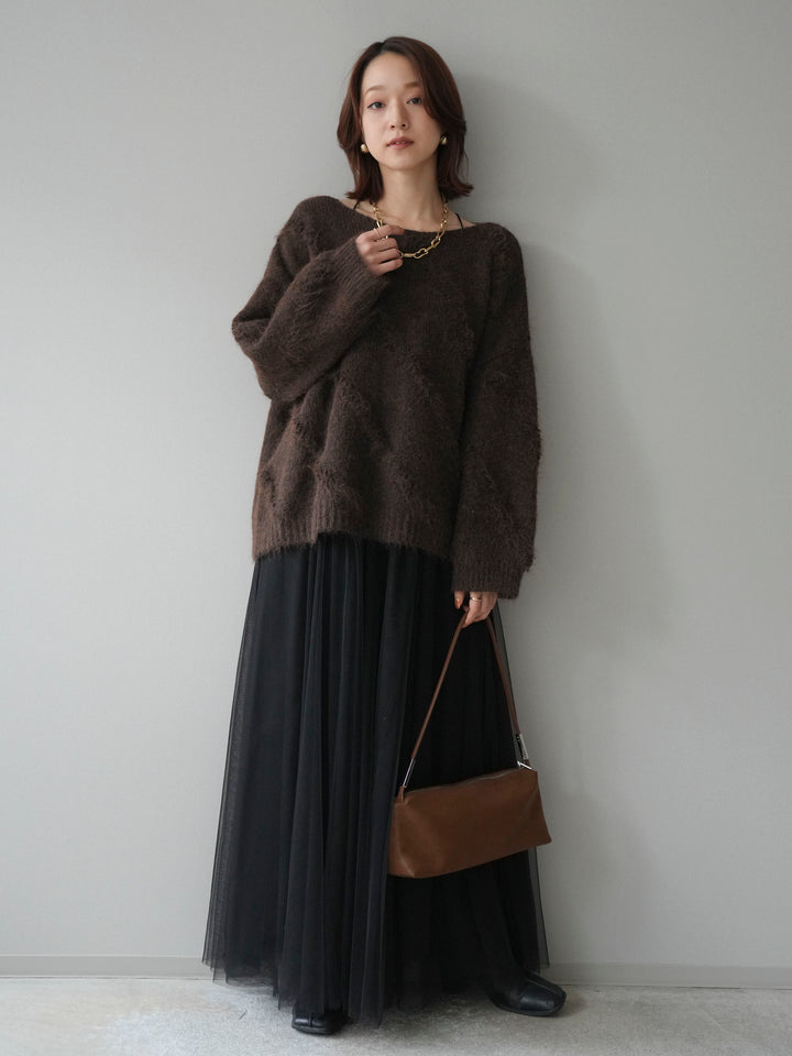 [予約]ブークレラインデザインニットプルオーバー/brown