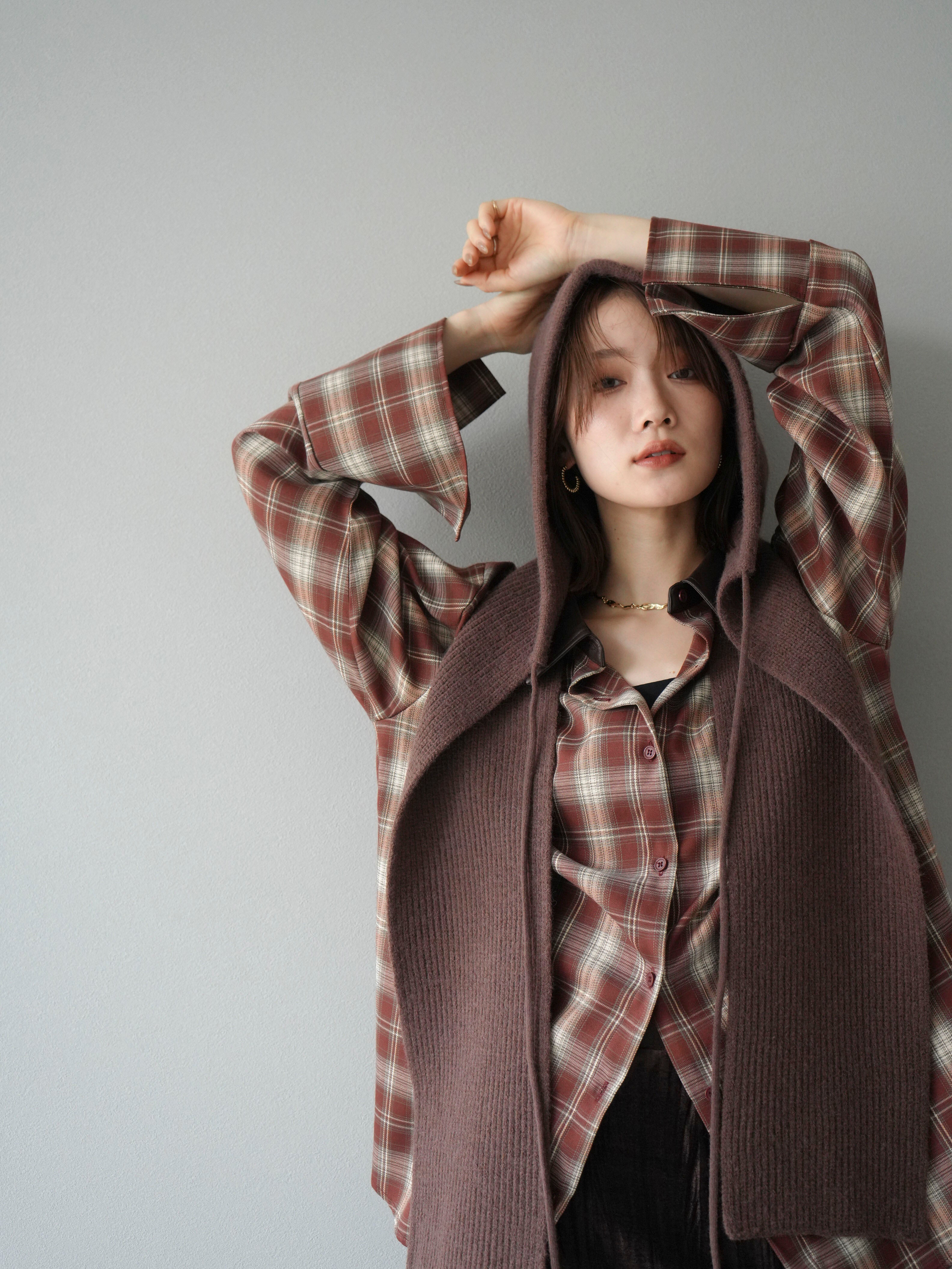 予約]レザー襟オンブレチェックオーバーシャツ /レッド – Lumier