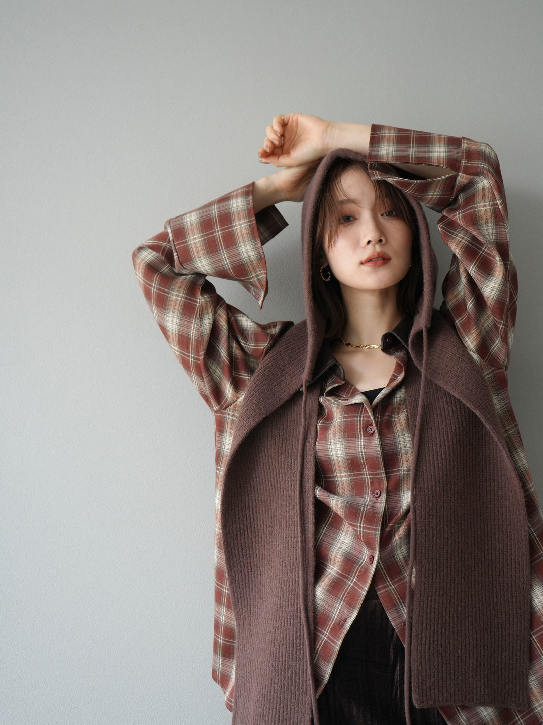 [予約]レザー襟オンブレチェックオーバーシャツ /レッド