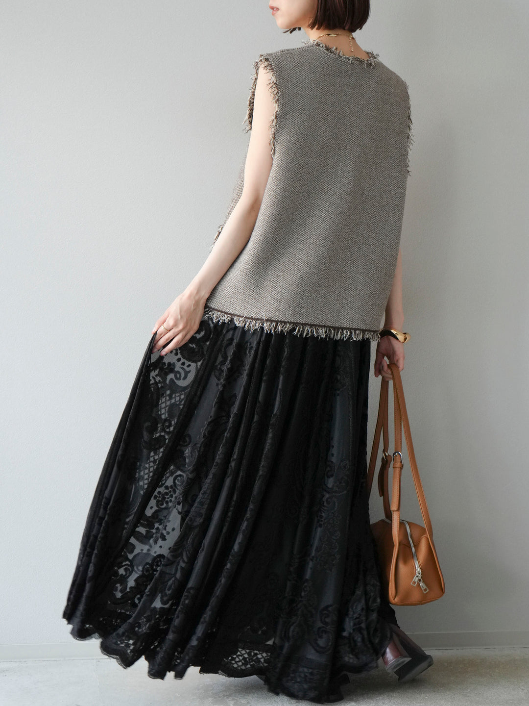 [予約]アンティーク柄フロッキーマキシスカート/ブラック