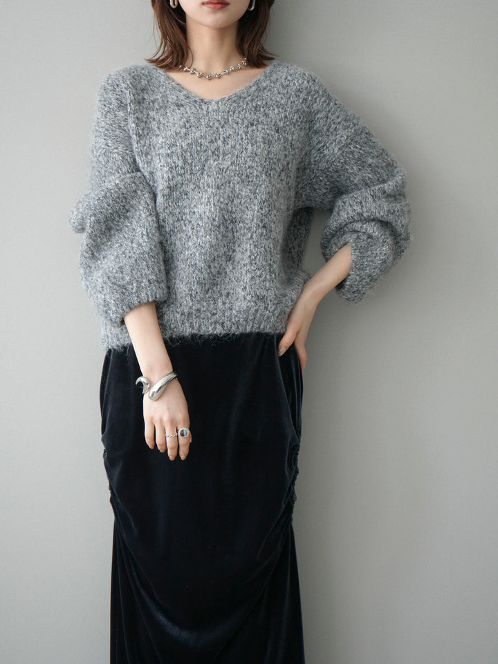 [予約]Vネックミックスヤーンニットプルオーバー/gray