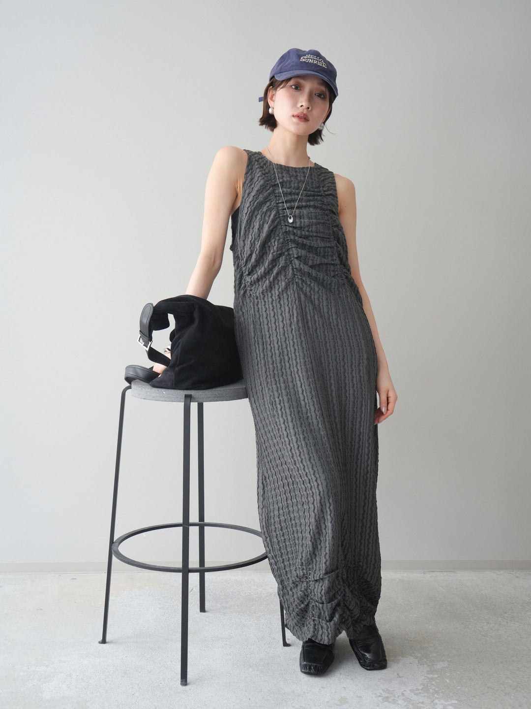 [予約]シャーリングジャガードノースリーブワンピース/gray