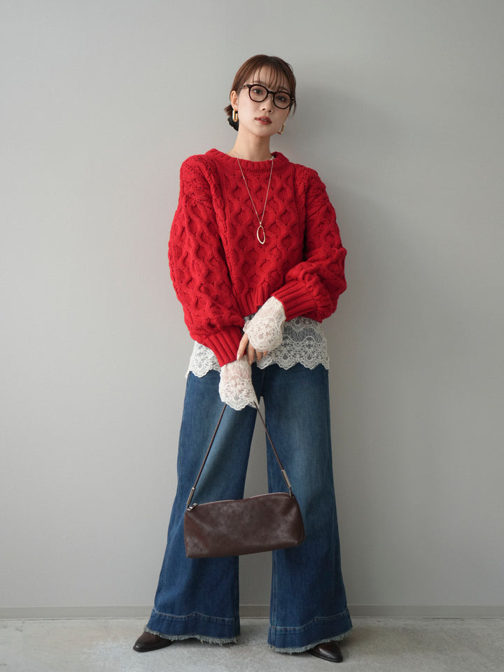 【着回しセット】[SET]バルキーケーブルクロップドニットプルオーバー+アンゴラタッチクルーネックニットプルオーバー+チュールレーストップス(3set)
