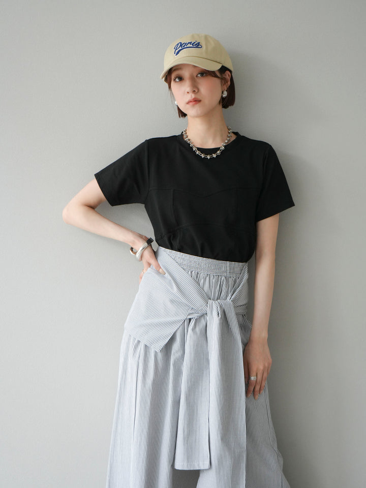 [SET]ビスチェデザインTシャツ+ウエスト巻きストライプイージーパンツ(2set)