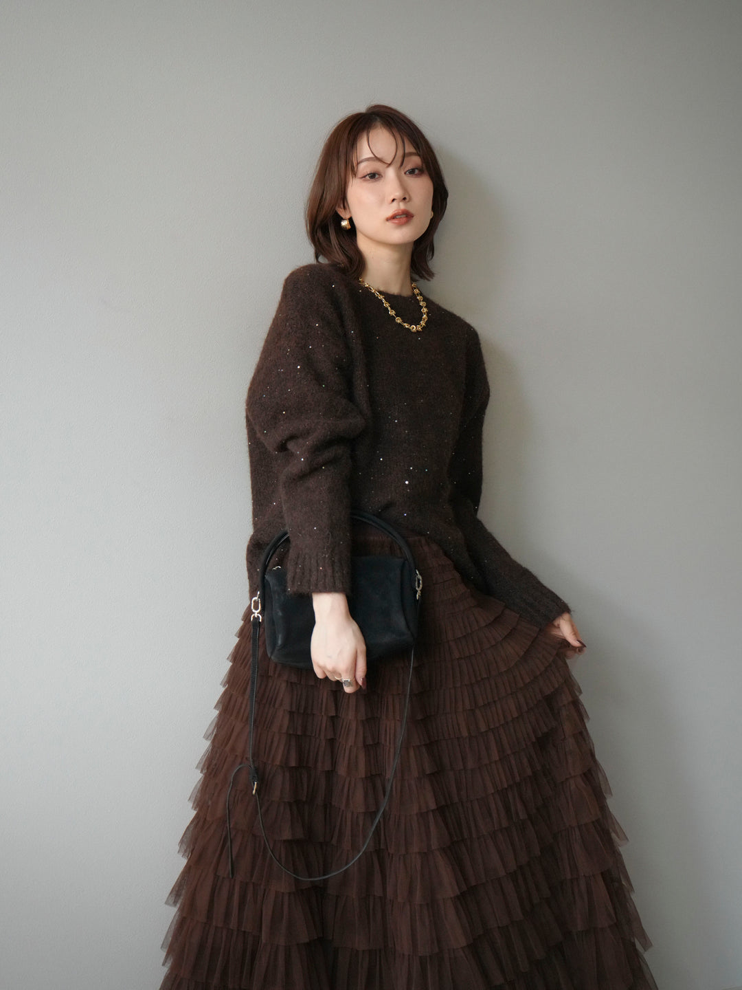 [予約]スパンコールニットプルオーバー/ブラウン