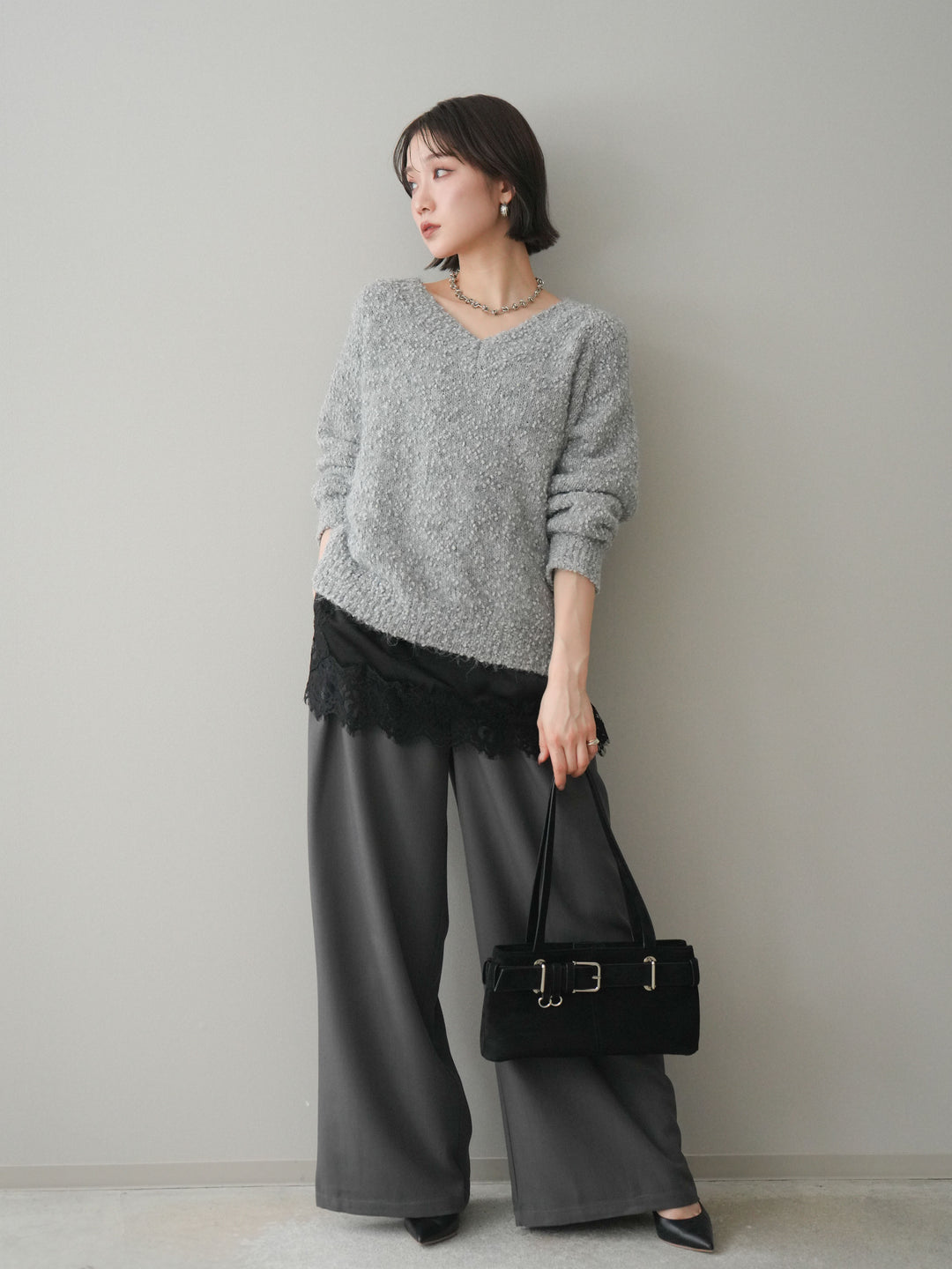 [予約]ウエストレースタックワイドパンツ/gray