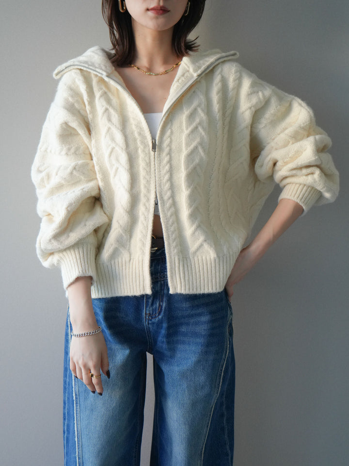 [予約]ケーブル編みハイネックZIPニットカーディガン/white