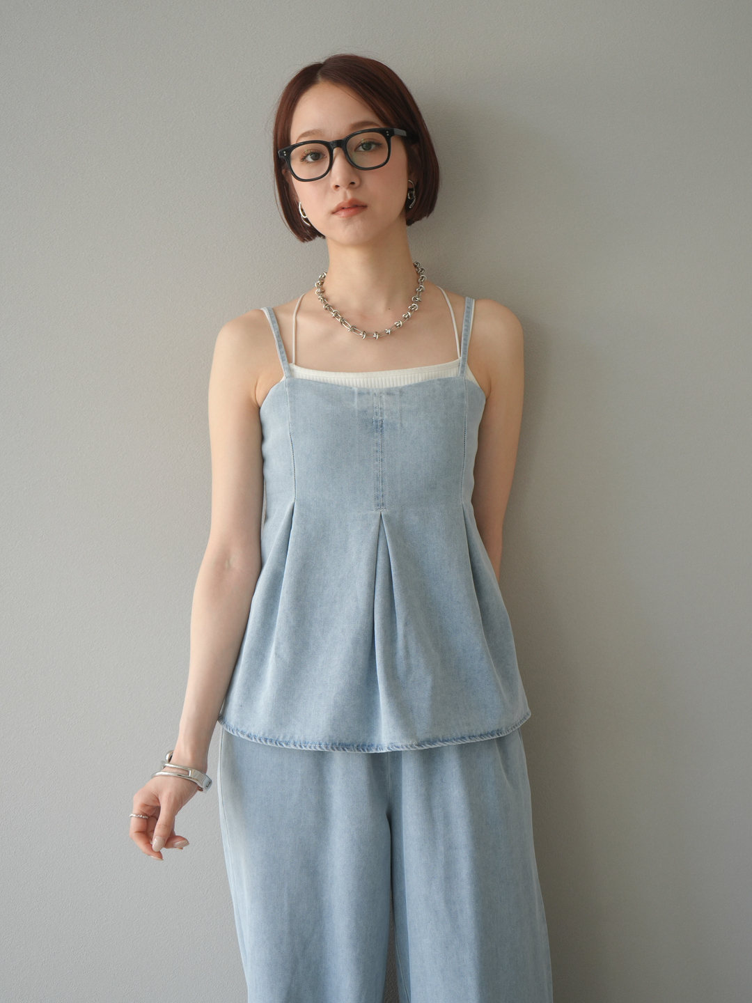 [SET]デニムタックフレアキャミソール＆イージーワイドパンツSET UP(2set)