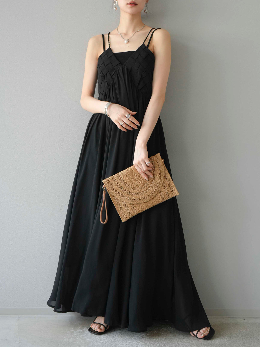 [予約]編み込みデザインシフォンワンピース/ブラック