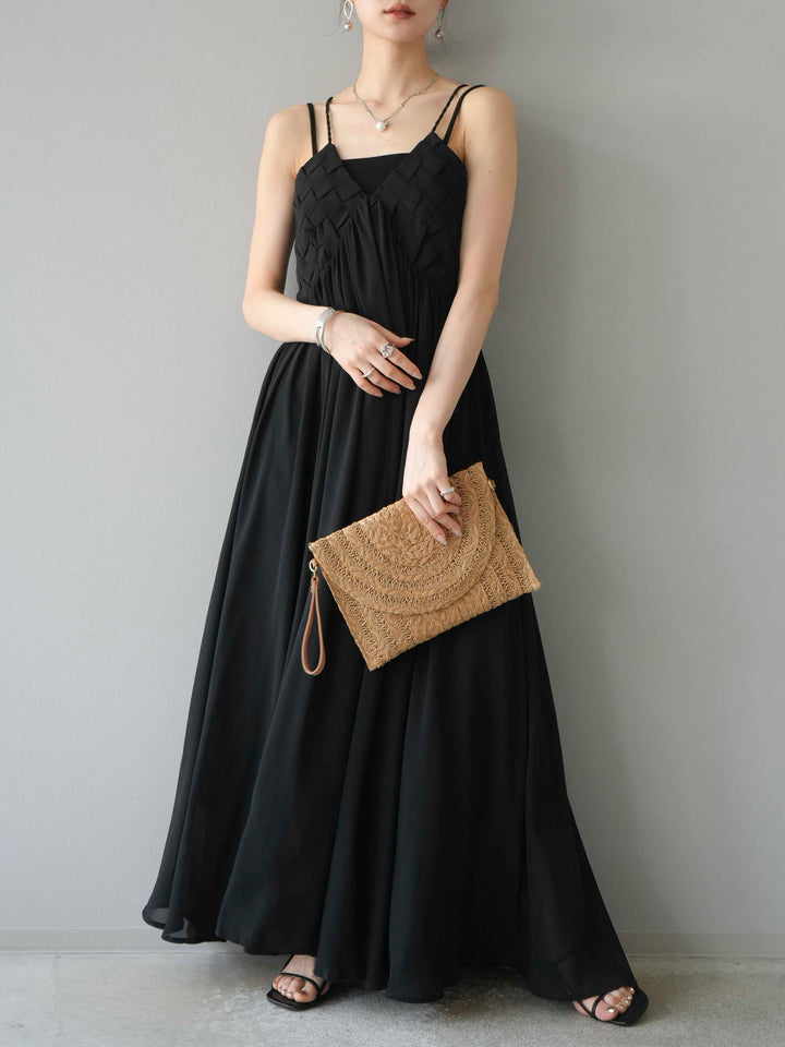[予約]編み込みデザインシフォンワンピース/ブラック