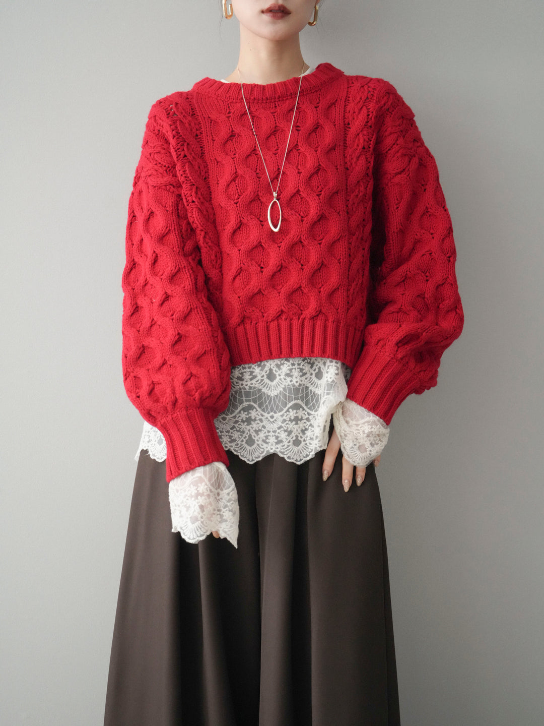 [SET]バルキーケーブルクロップドニットプルオーバー+テープベルトタックバギーパンツ(2set)