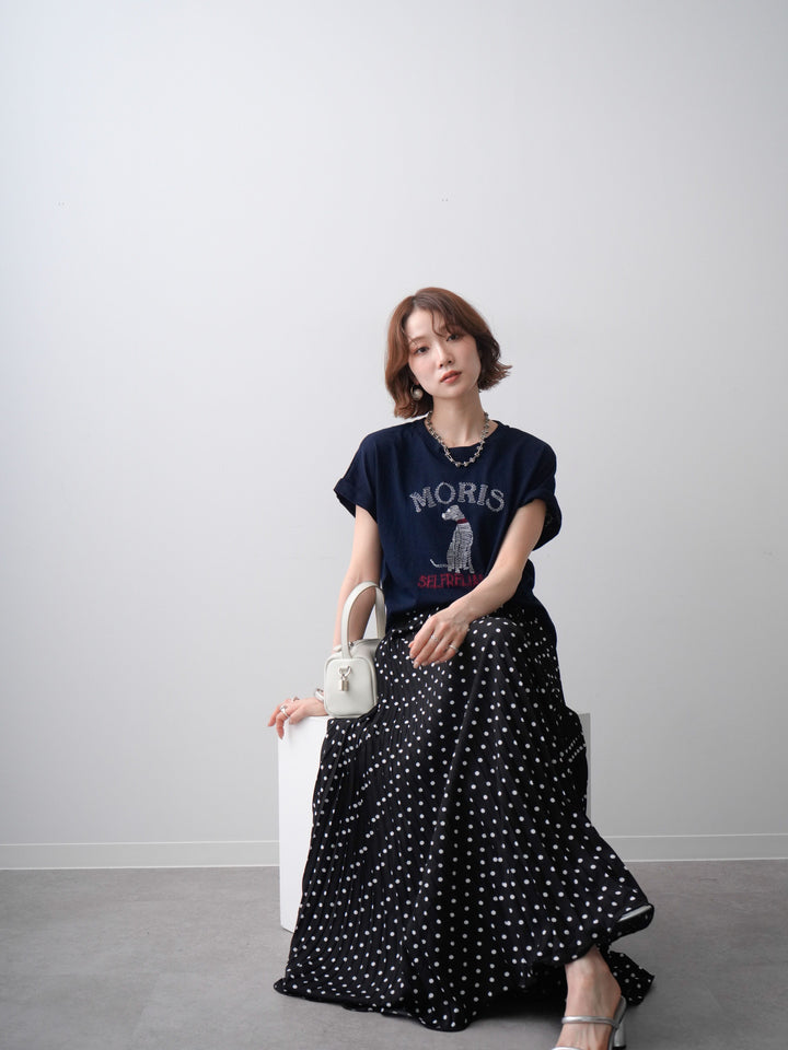 [SET]ドッグエンブロイダリーTEE+ドットアコーディオンプリーツスカート(2set)