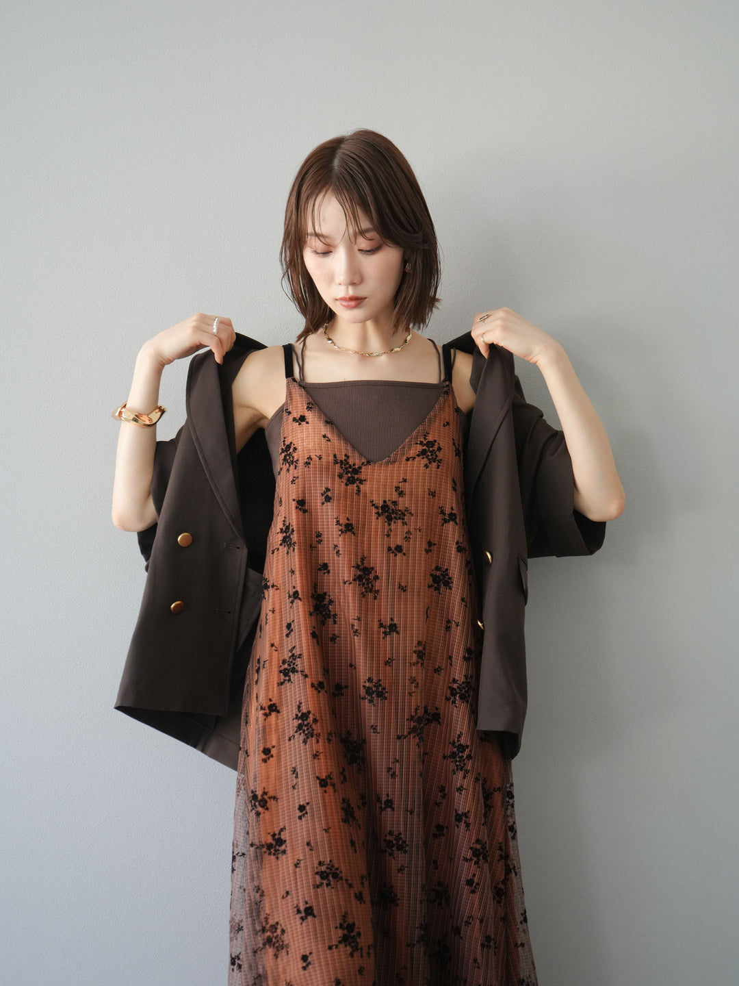 [予約]フロッキーチュールレイヤードベロアキャミワンピース/オレンジ