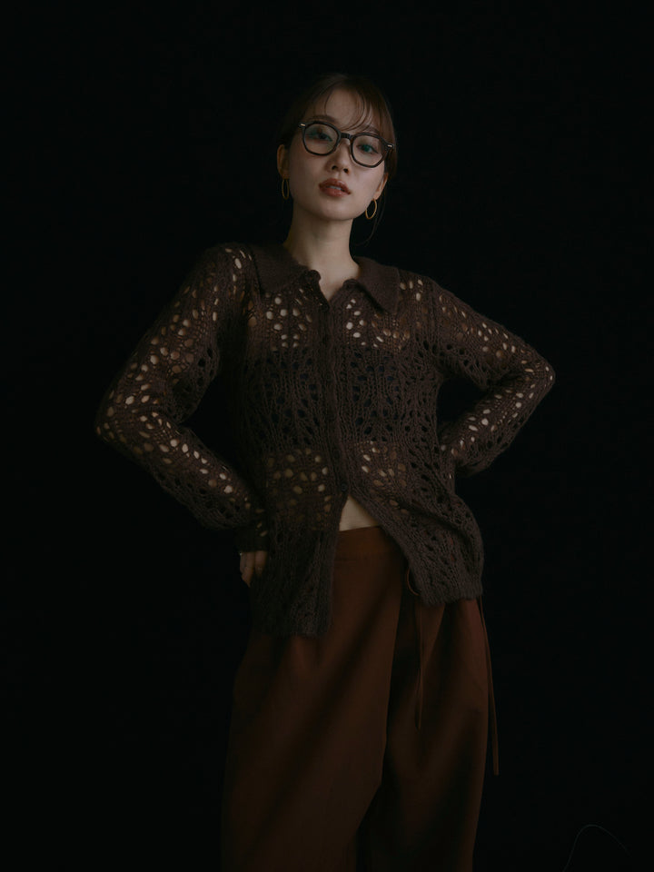 【Allure】[SET]ローゲージ透かし編みポロニッカーディガン+ローゲージ透かし編みポロニッカーディガン(2set)