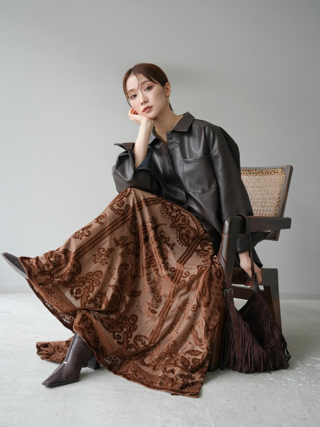 [予約]フェイクレザーシャツ/ブラウン