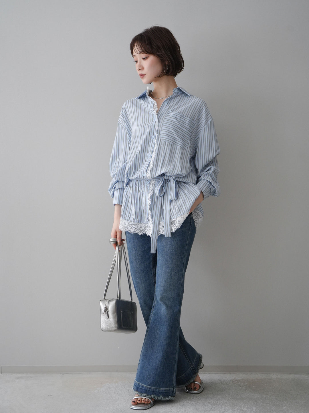 [SET]レース付ストライプウエストギャザーシャツ+フリンジデザインセミフレアデニム(2set)