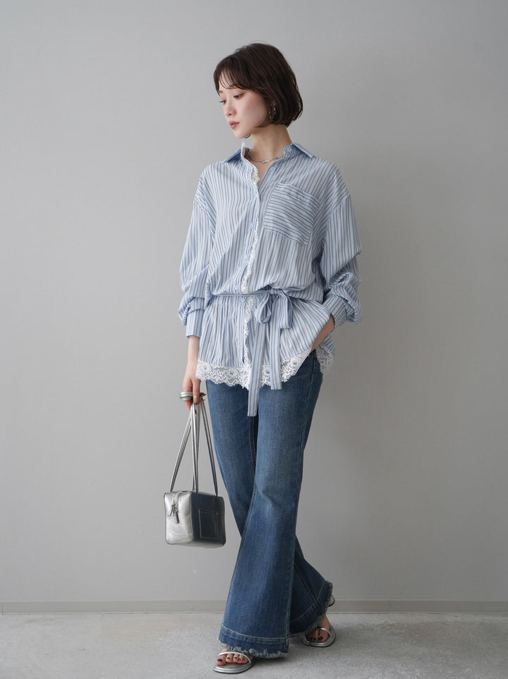 [SET]レース付ストライプウエストギャザーシャツ+フリンジデザインセミフレアデニム(2set)