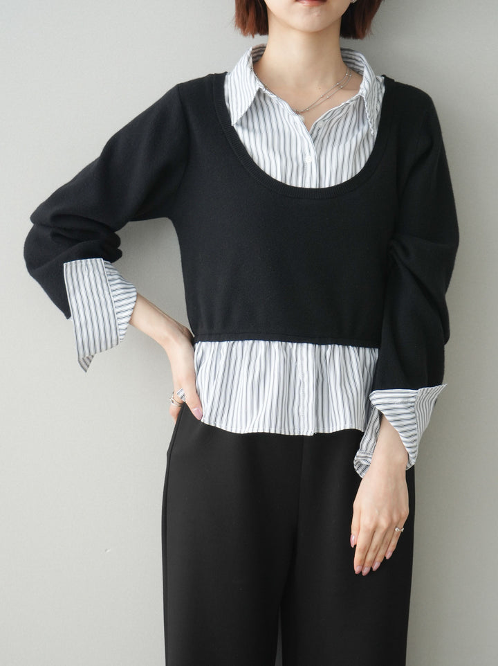 [SET]ストライプシャツUネックドッキングニットプルオーバー+イージーポンチワイドパンツ(2set)