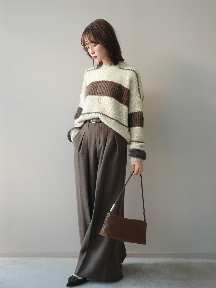 [SET]ネップヤーンボーダーニットプルオーバー+ウールタッチベルト付ワイドパンツ(2set)