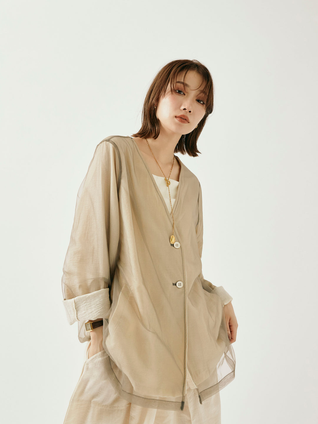 [予約]チュールレイヤードVジャケット/アイボリー