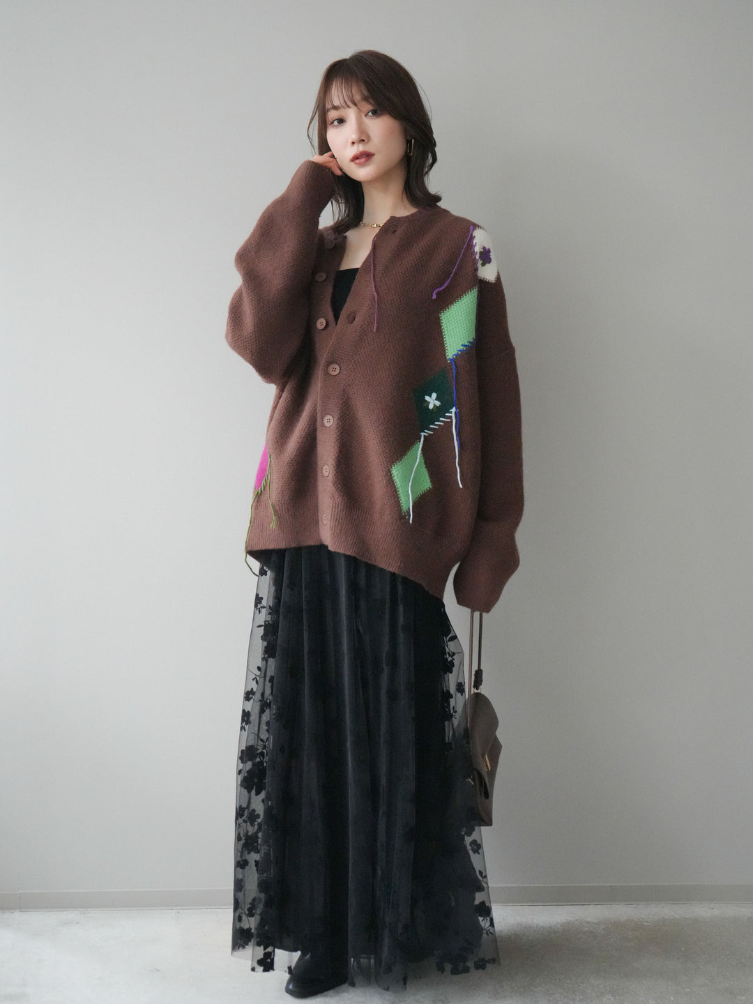 [SET]ハンドステッチアーガイルデザインニットカーディガン+フラワーフロッキーチュールプリーツスカート(2set)