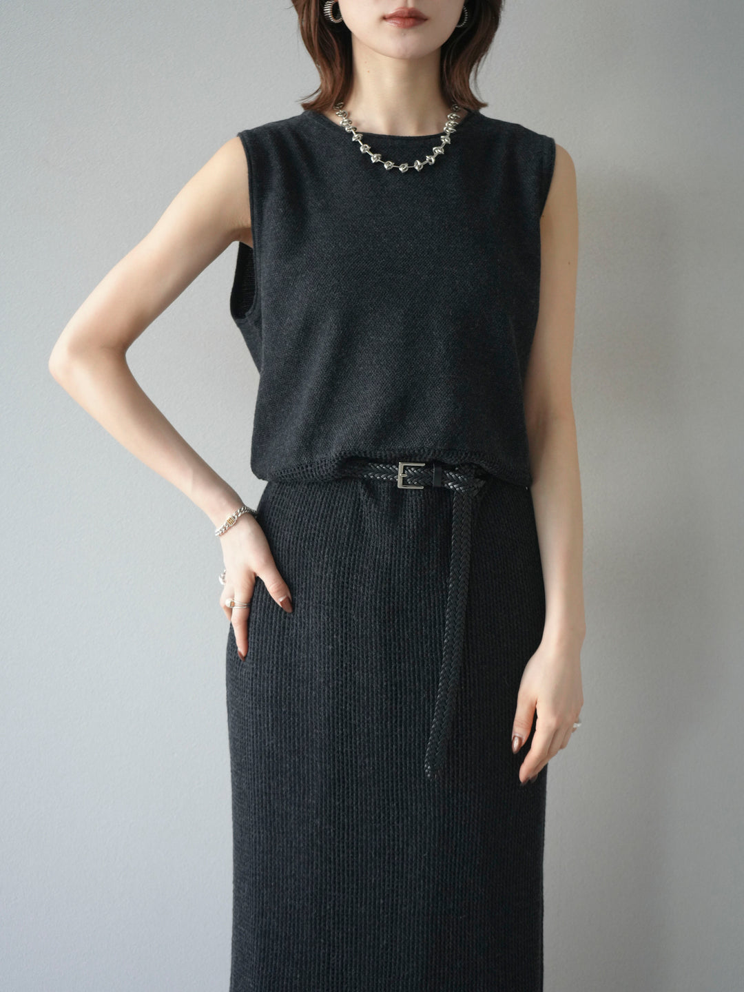 [予約]メッシュ切替ノースリーニットワンピース/darkgray