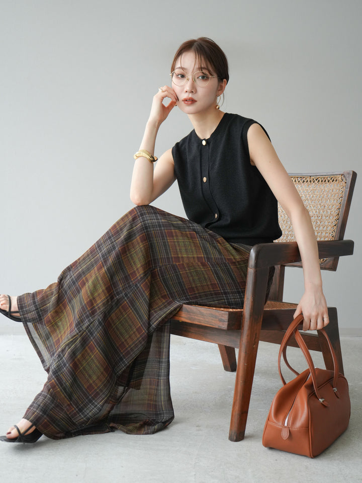 [SET] 金銀絲針織背心 + 透視格紋寬鬆褲 (2 件套)