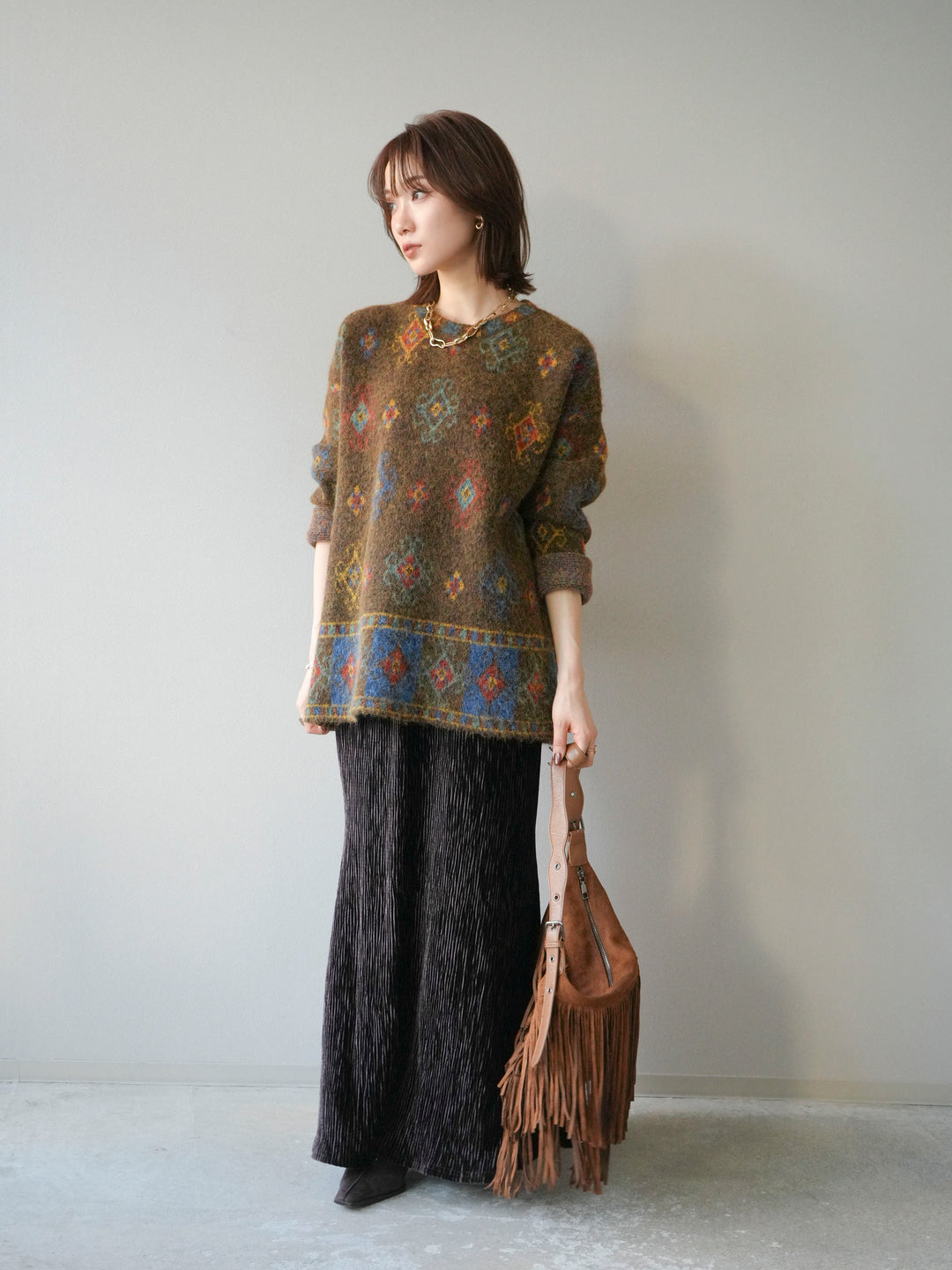 [予約]ヴィンテージ柄オーバーニットプルオーバー/ブラウン