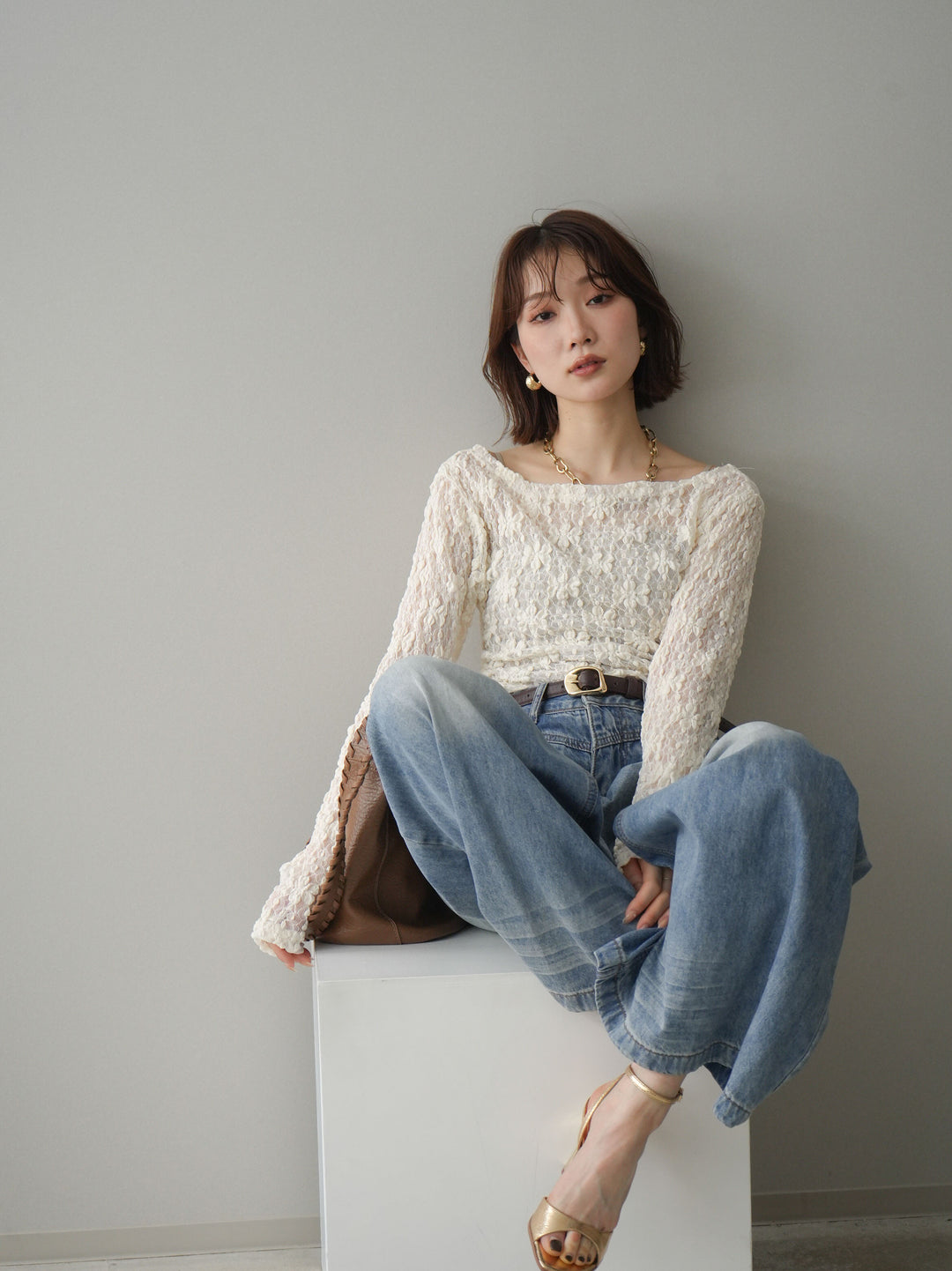 [予約]サイドギャザーレーストップス/ivory