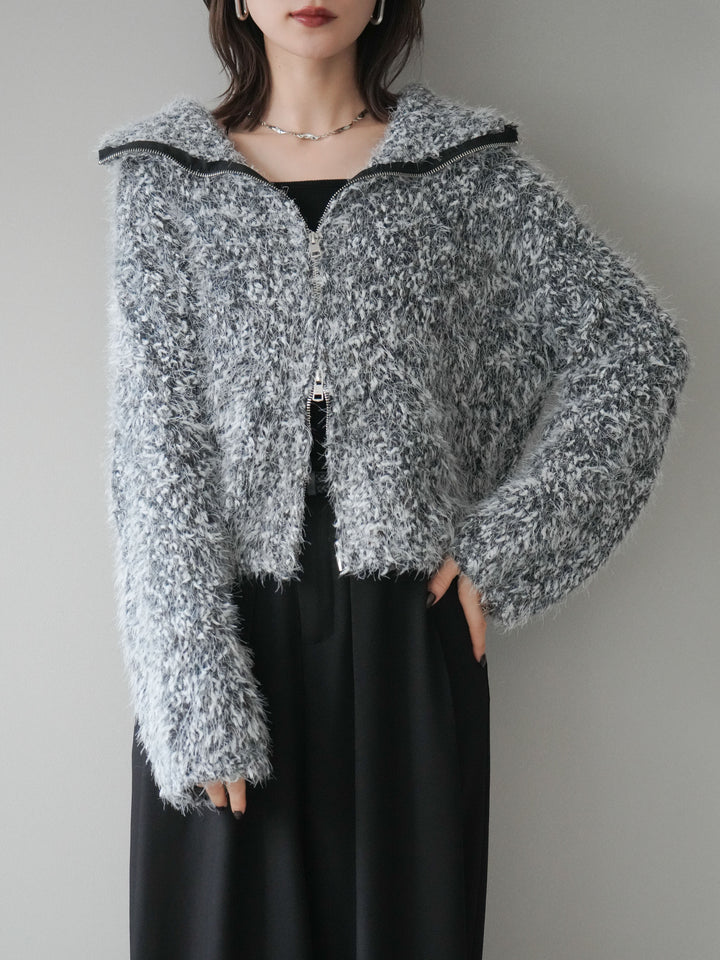 [予約]ミックスシャギージップニットカーディガン/black