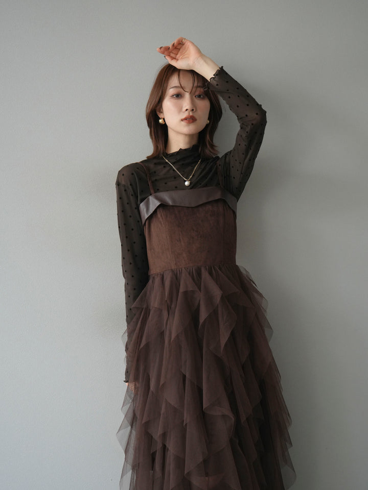 [予約]レザー切替チュールラッフルワンピース/brown