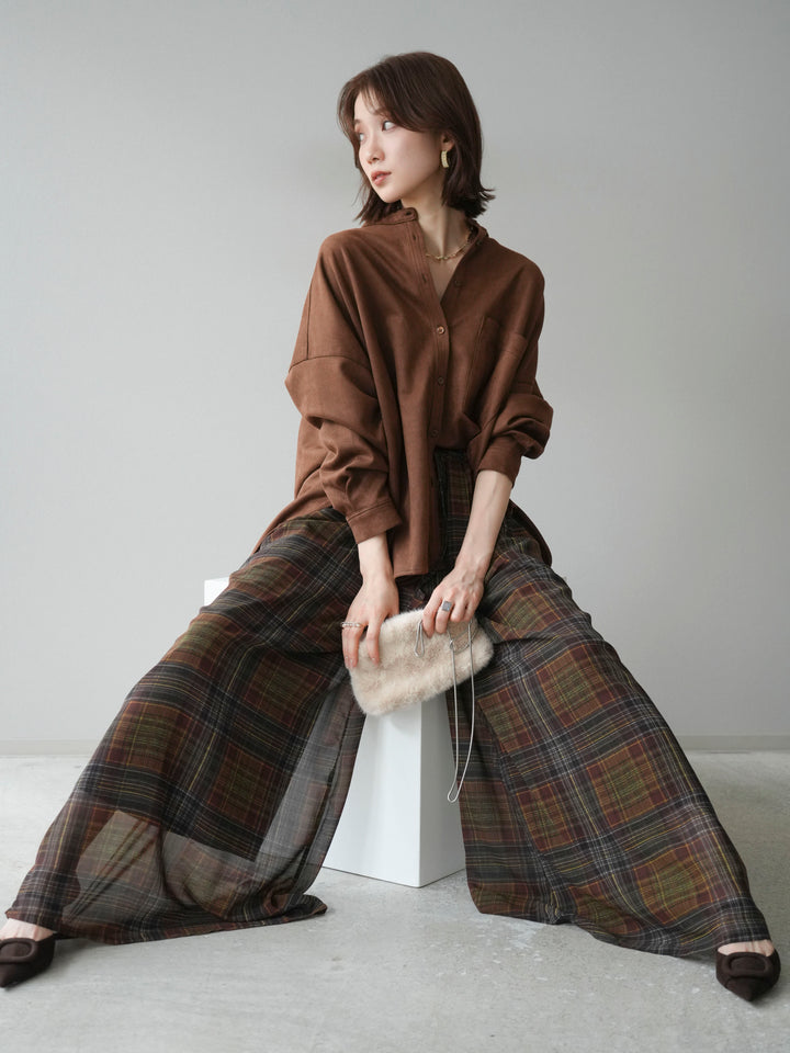 [SET]スエードバンドカラーオーバーシャツ+シアーチェックバギーパンツ(2set)