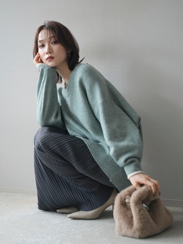 [SET]Vネック配色スリーブニットプルオーバー+選べるアクセセット(2set)