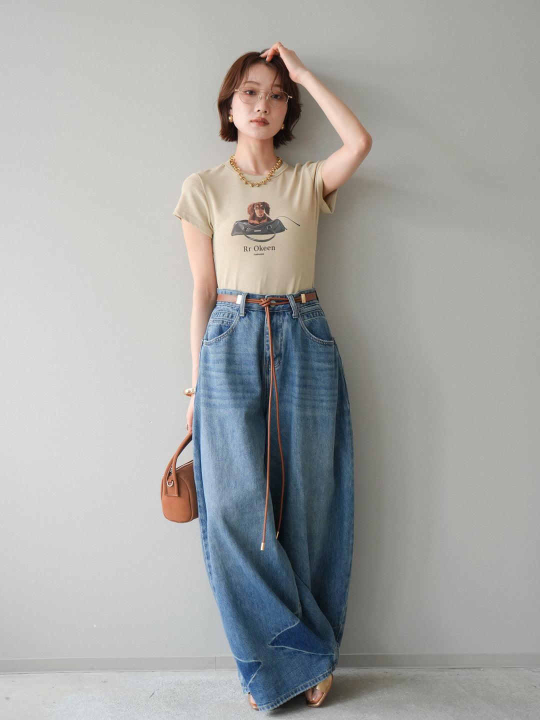 [SET]ドッグコンパクトTEE+ベルト付ボリュームデザインデニム(2set)