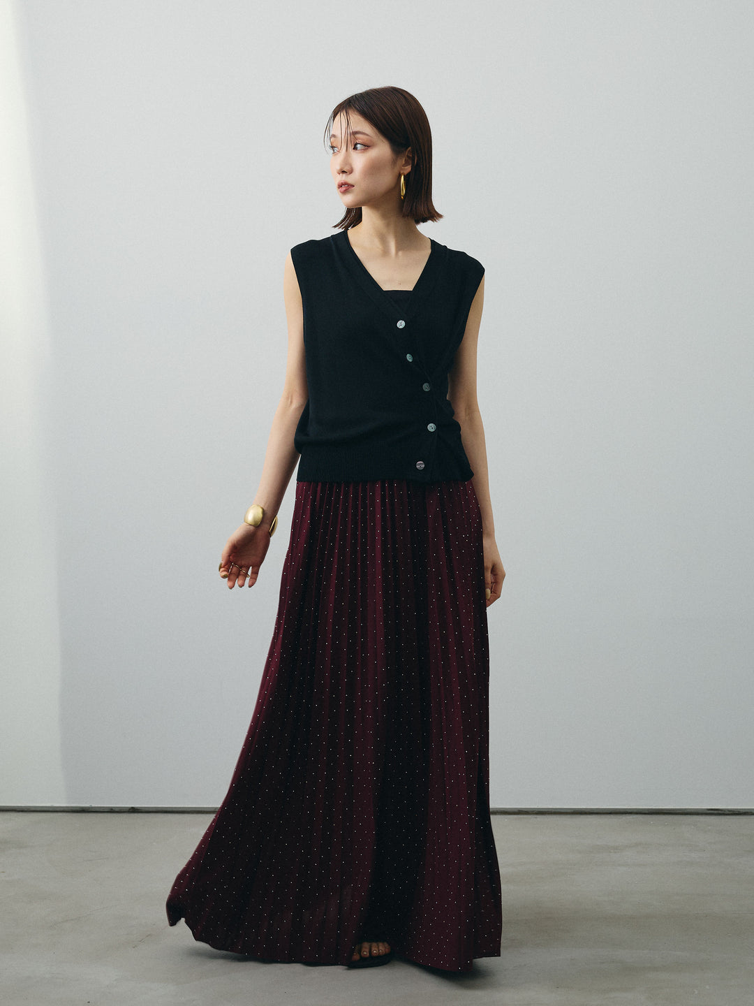 [予約]ラインストーンプリーツスカート/バーガンディー