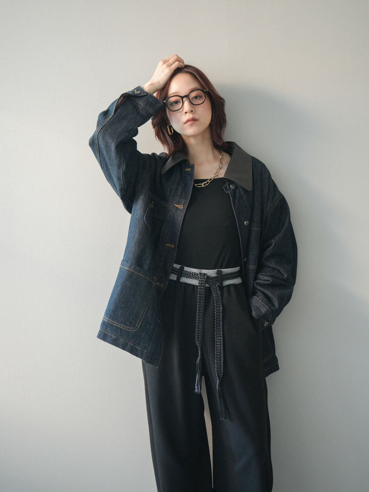 [SET]裏地ファーデニムフライトジャケット+編み込みベルト付きウエスト配色スエットパンツ(2set)