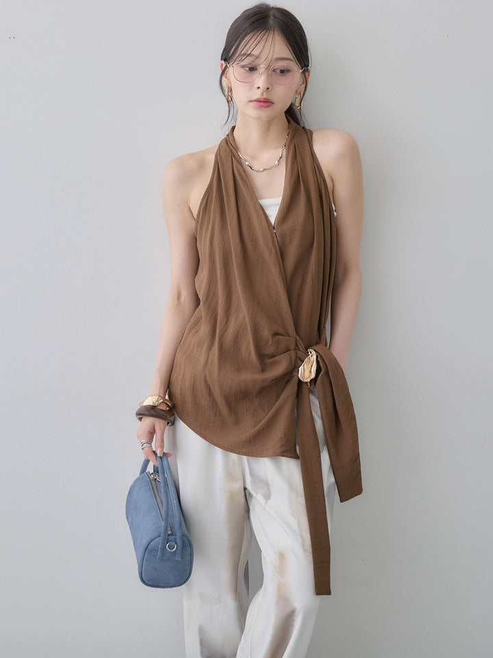 [予約]ゴールドモチーフカシュクールノースリトップス/brown
