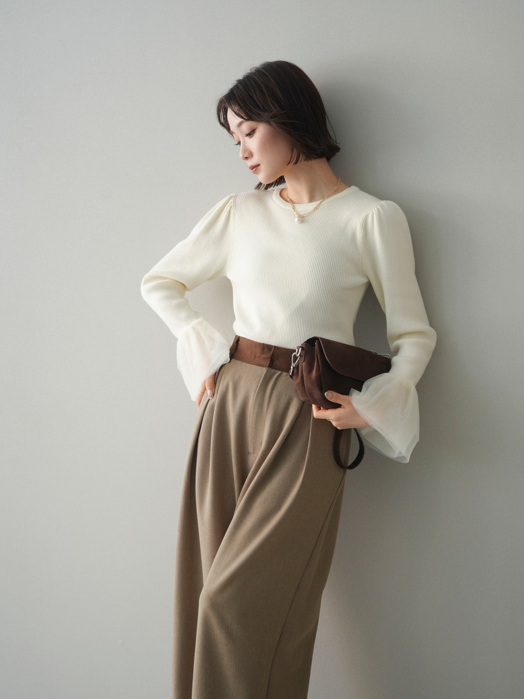 [SET]袖チュールパワショルリブニットトップス+袖チュールパワショルリブニットトップス(2set)