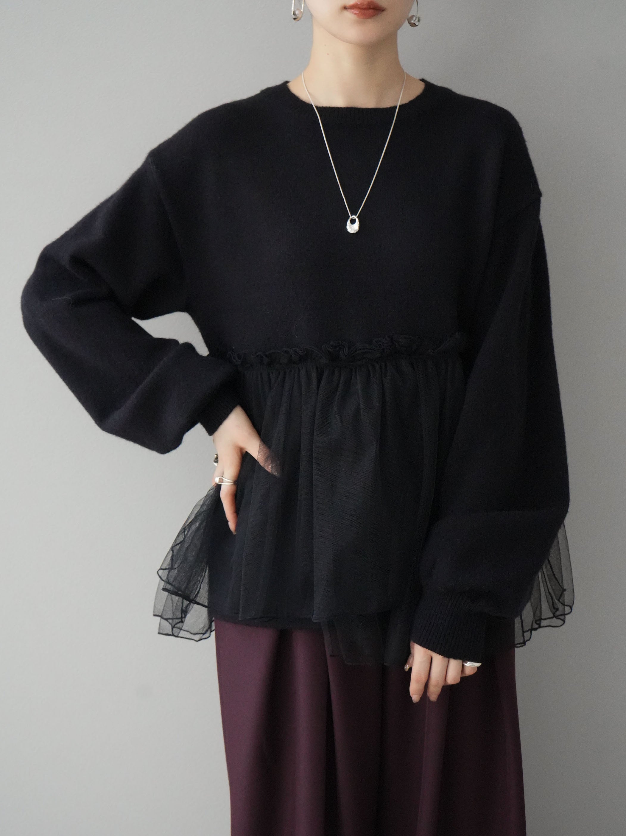 オーバーチュールプルオーバー 予約]チュールドッキングオーバーニットプルオーバー/ブラック – Lumier