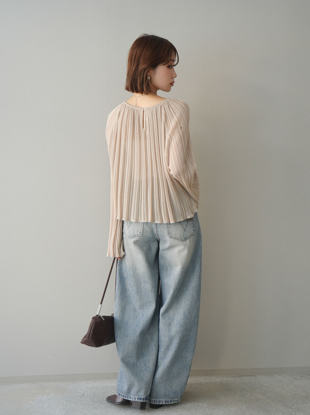 [SET]プリーツシアーフレアスリーブニットトップス+ダメージデニムセミワイドパンツ(2set)