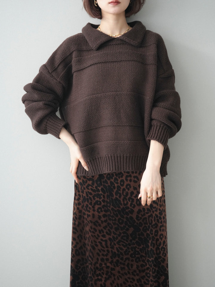 [SET]襟付きボーダー編みニットプルオーバー+レオパードベロアナロースカート(2set)
