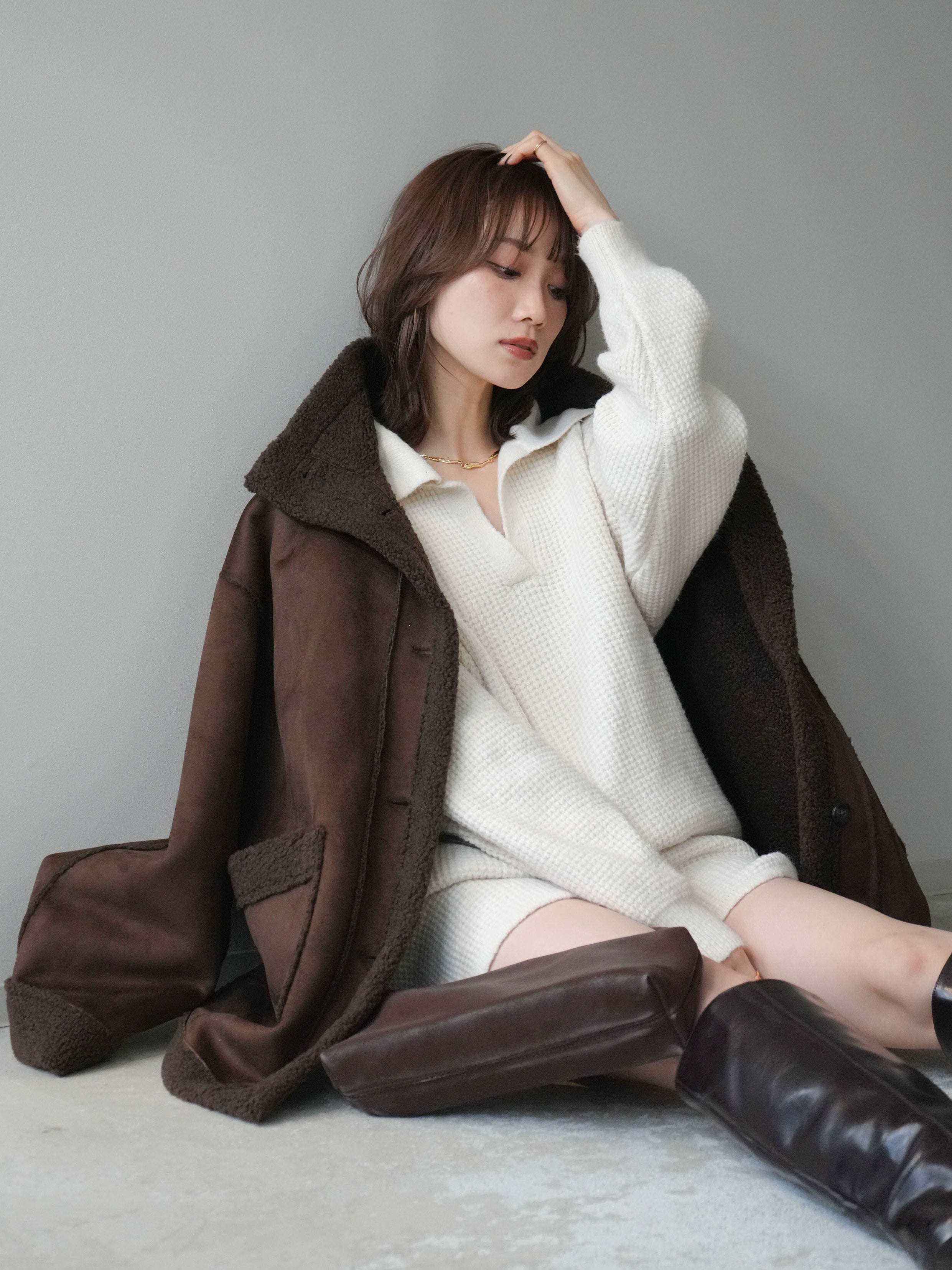 SET]ポロニットプルオーバー＆ショートパンツSET UP+スタンドネック