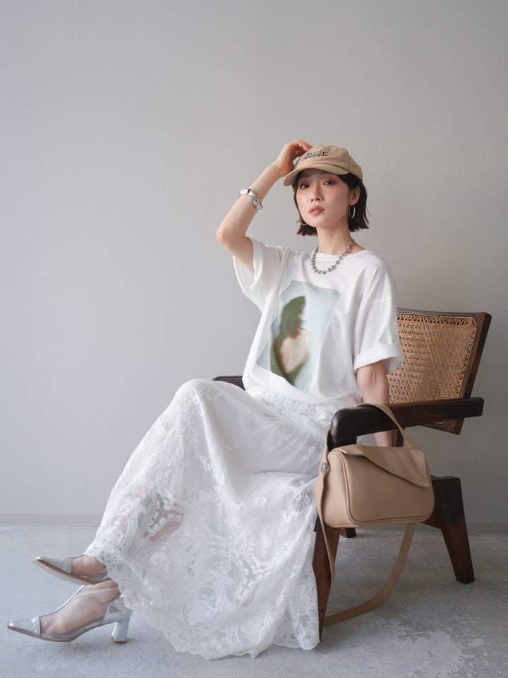 [SET]ブラーアートフォトTシャツ+シアーレースマキシスカート(2set)