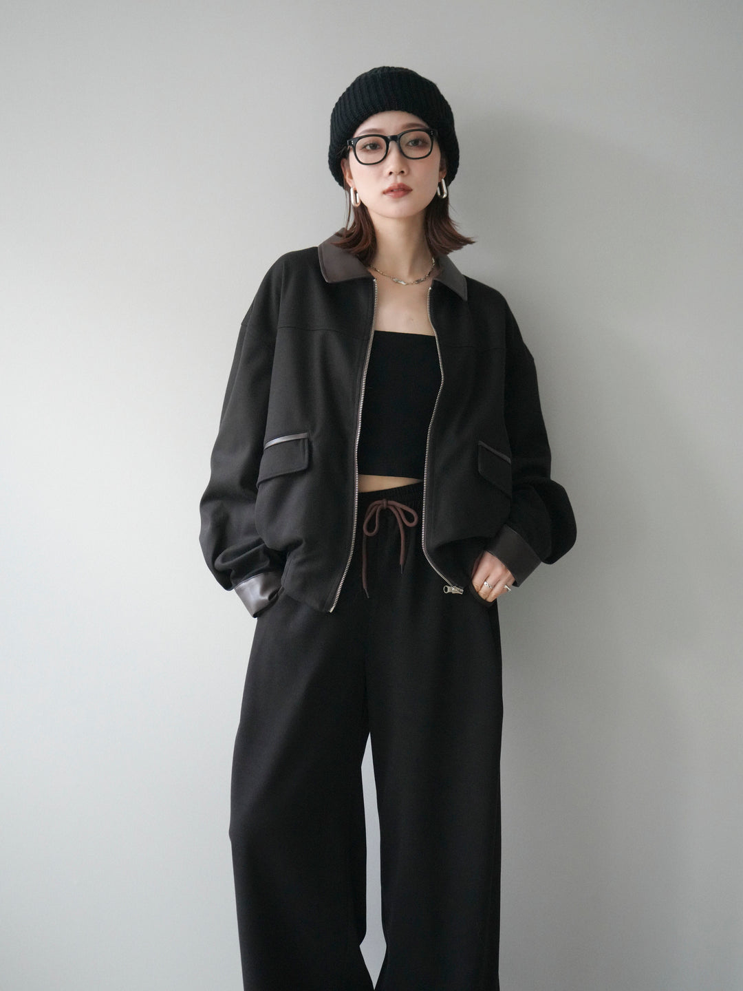 [予約]レザー襟配色パイピングブルゾン/black