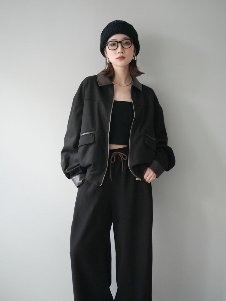 [予約]レザー襟配色パイピングブルゾン/black