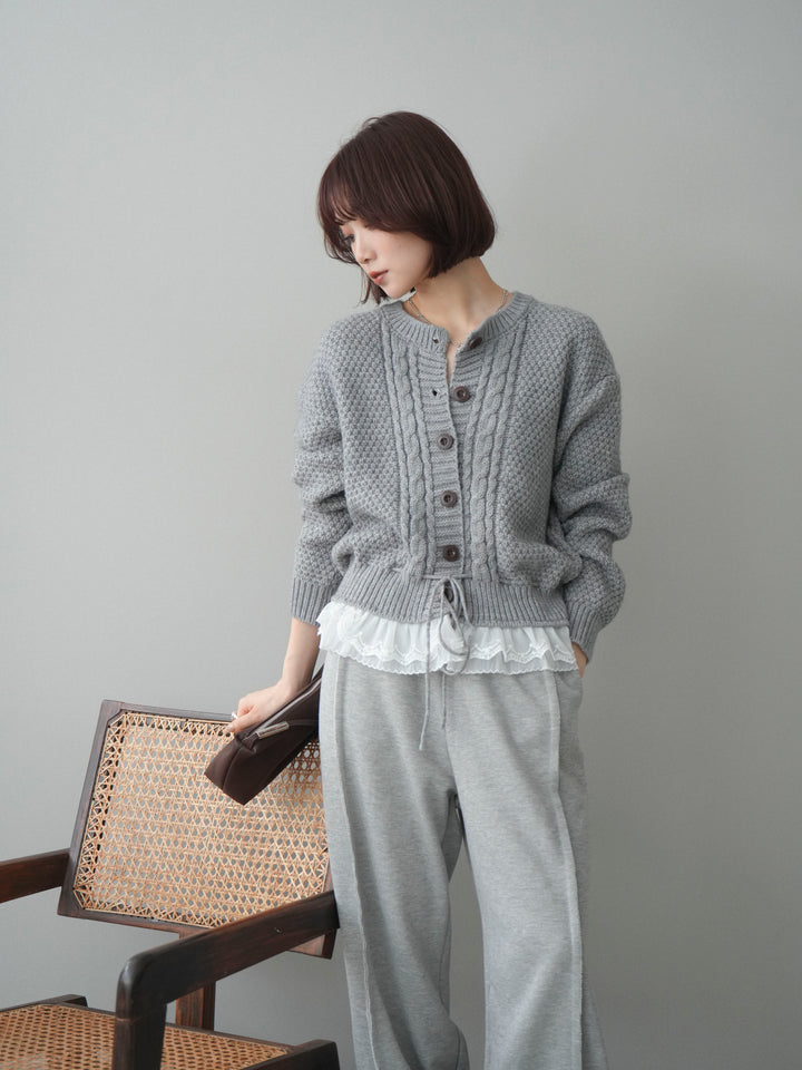 [予約]裾レースケーブルニットカーディガン/gray